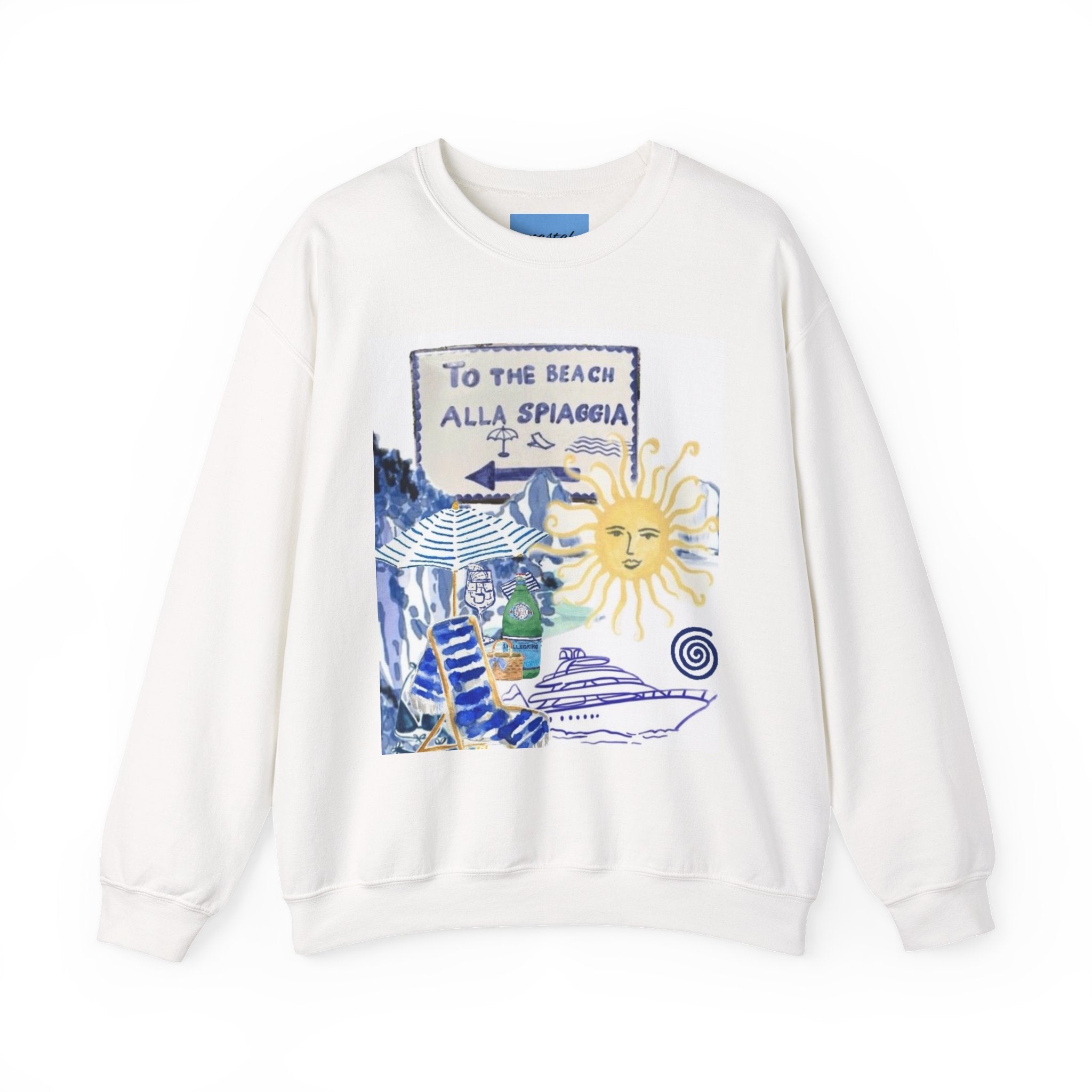 Beach Road Crewneck Sweatshirt — 'To the Beach / Alla Spiaggia' Vintage Sun Graphic