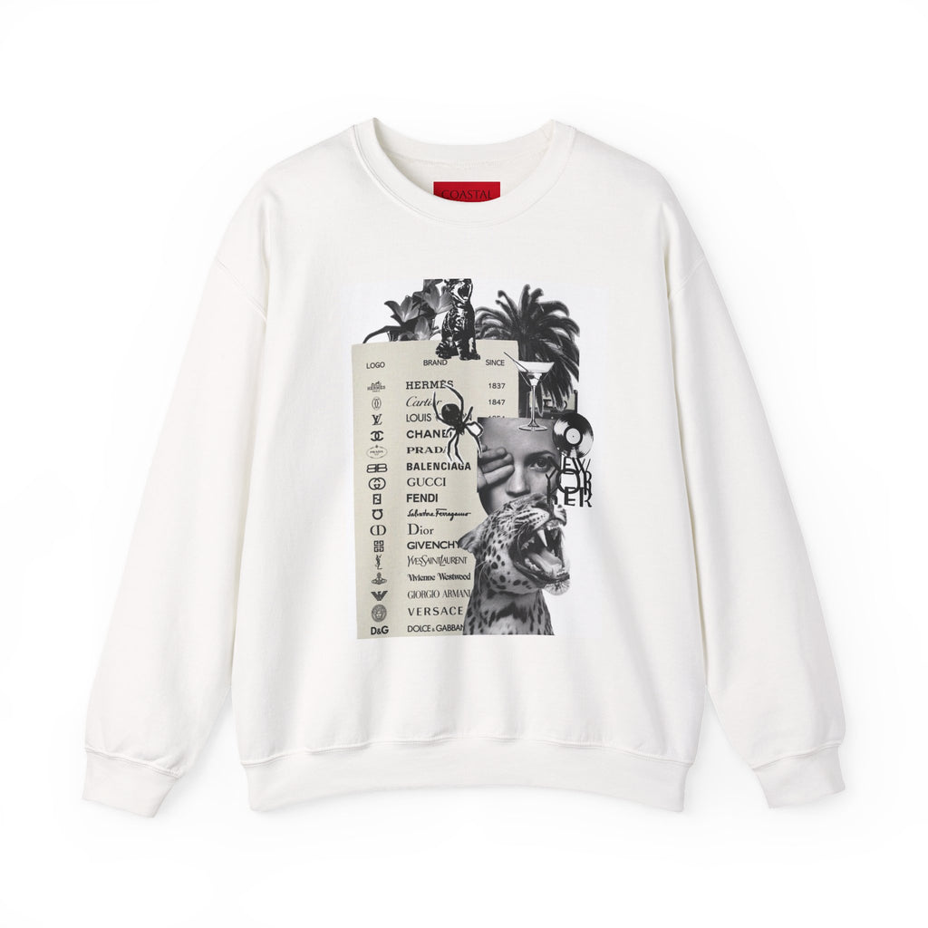 Collage Fashion Crewneck Sweatshirt — Vintage Brand Logos & Palm Photo Graphic