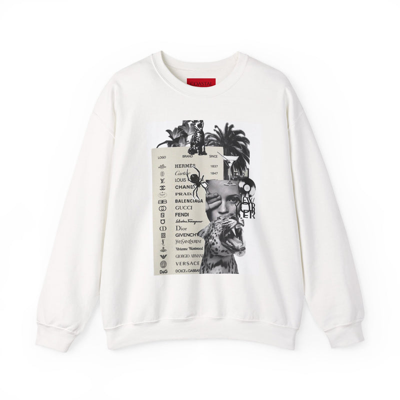 Collage Fashion Crewneck Sweatshirt — Vintage Brand Logos & Palm Photo Graphic
