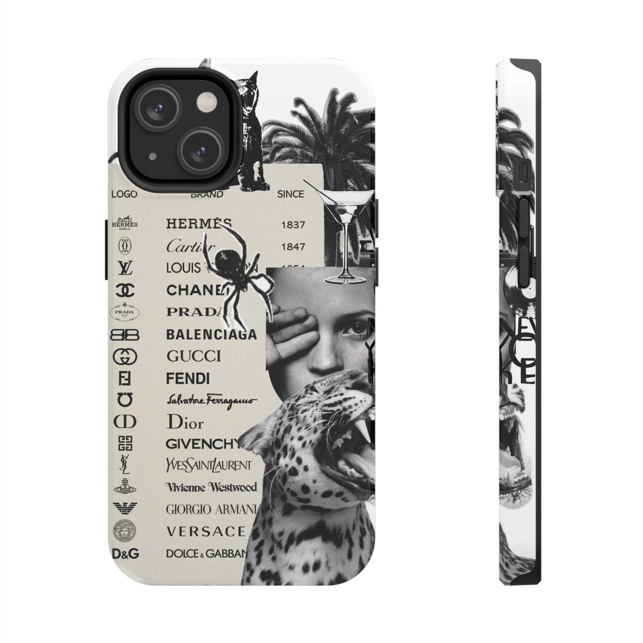 Designer Collage Tough Phone Case — Luxury Logos, Palm Trees & Leopard Art