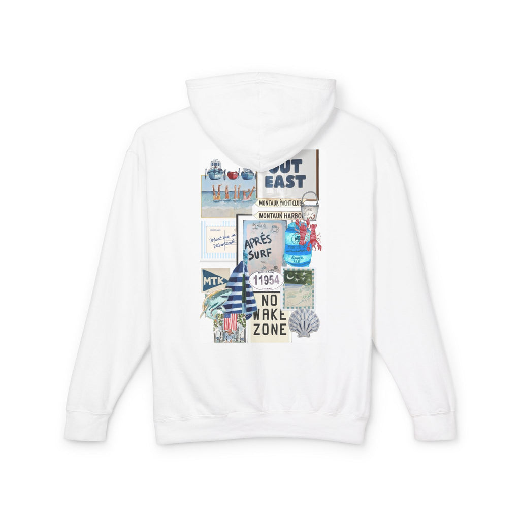Coastal Collage Hoodie — 'Out East' Surf & No Wake Zone Graphic
