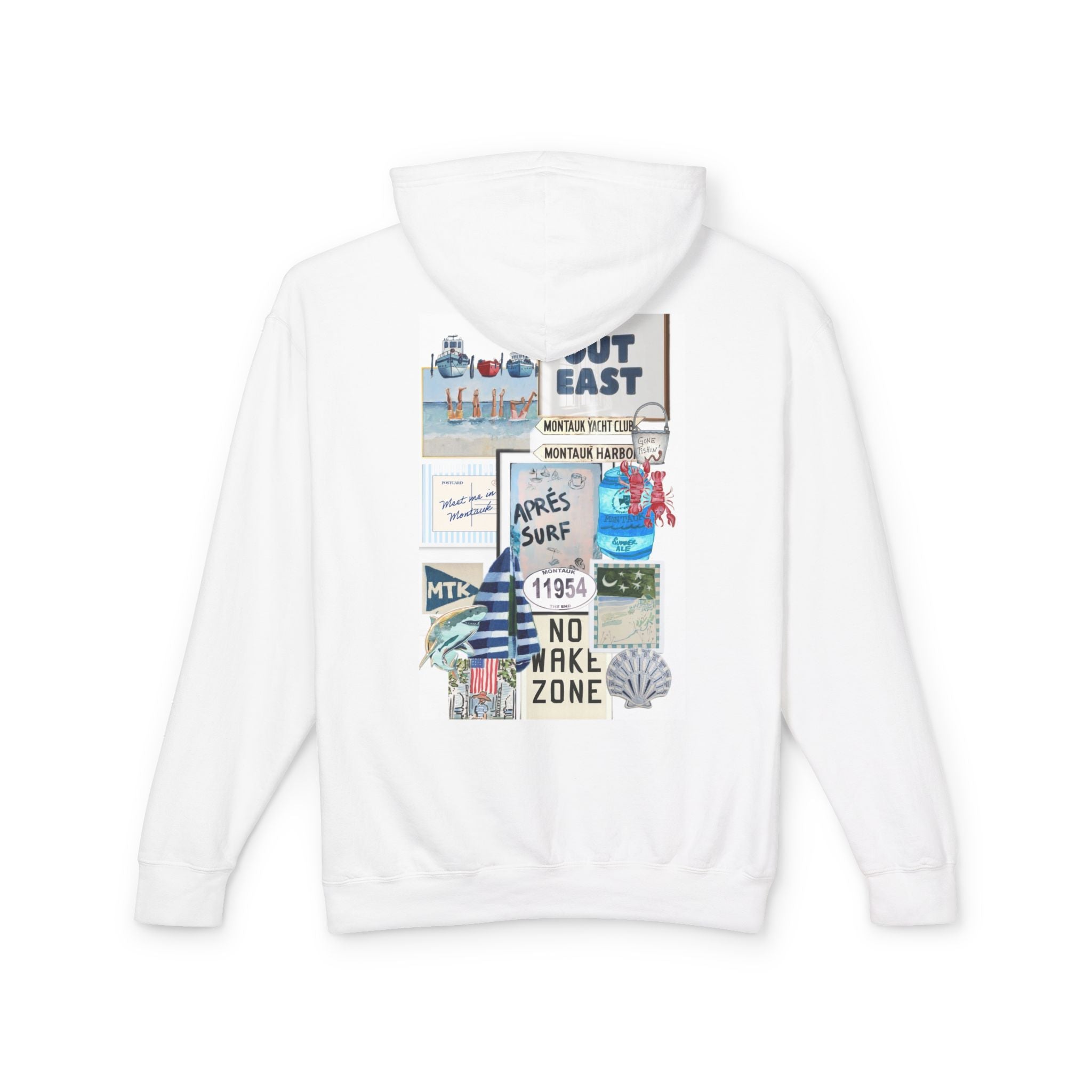 Coastal Collage Hoodie — 'Out East' Surf & No Wake Zone Graphic
